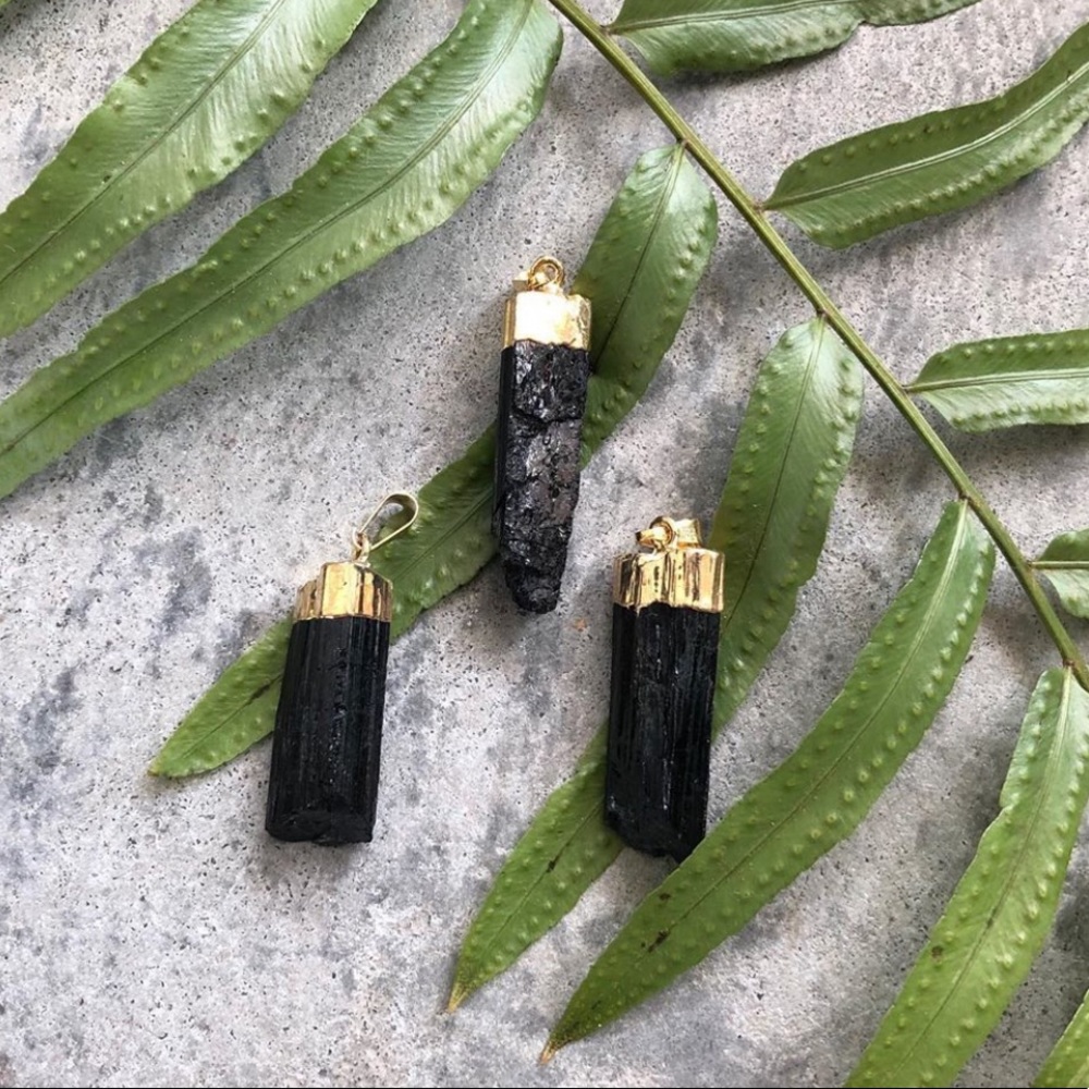 Natural Black Tourmaline & Brass Pendant